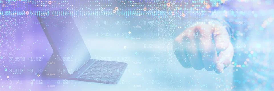 Digital Tablet surrounded by abstract numerical data with his hand reaching.. Stockfoto's
