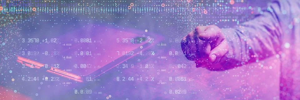 Digital Tablet surrounded by abstract numerical data with his hand reaching.. Stock Photos