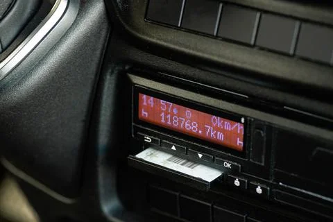 Digital tachograph with inserted professional driver chip card Stock-Fotos