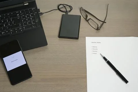 Digital Task Management and Backup Workspace Stock Photos