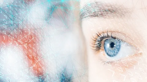 Digital tech data science, human eye abstract random shapes and dots Stock Footage 107998555