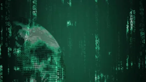 A digital tech overlay shows a green streaming matrix design. This tech ove.. Stock Footage 341128460