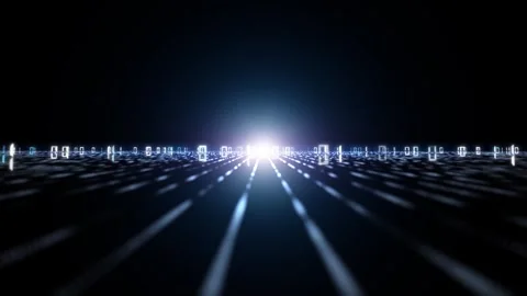 Digital tech road with binary code data and flickering loop light animation Stock Footage 341158895