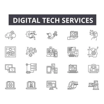 Digital tech services line icons for web and mobile design. Editable stroke Stock Illustration