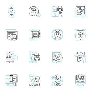Digital technique linear icons set. Algorithm, Automation, Big data, Blockchain Stock Illustration