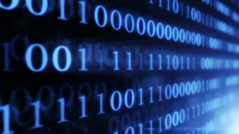 Digital technologies. Binary code wall random numbers glowing on a black Video stock 81221461