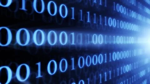 Digital technologies. Binary code wall random numbers glowing on a black 写真素材