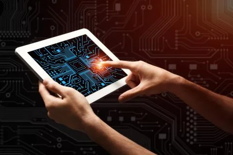 Digital technologies. Collage with computer engineer touching glowing microci Stock Photos