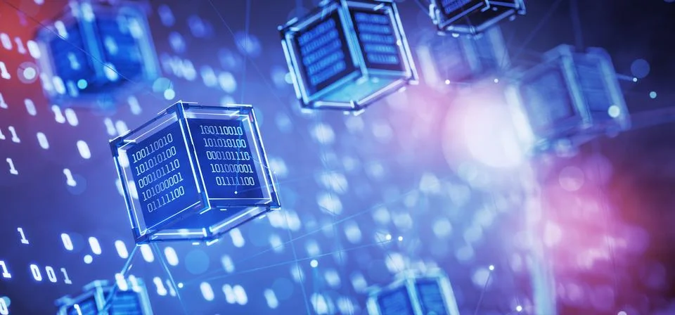 Digital technologies. Cube with binary code. Blockchain. Artificial Intelli.. Illustrazione stock