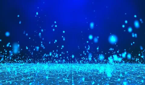 Digital technology abstract 3d blue light particles raining hits water wave.. Stock Illustration