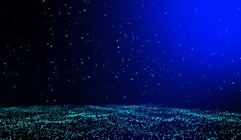 Digital technology abstract 3d blue light particles raining hits water wave.. Stock Illustration