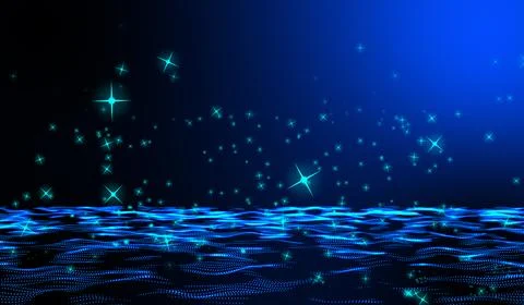 Digital technology abstract 3d blue light particles raining hits water wave.. 스톡 일러스트