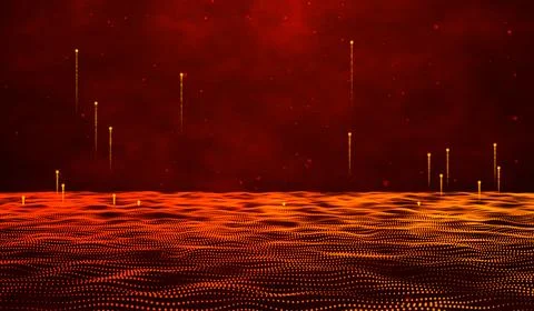 Digital technology abstract 3d orange-red light particles water waves on or.. Stock Illustration