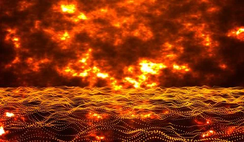 Digital technology abstract 3d orange-red light particles water waves on or.. Illustrazione stock