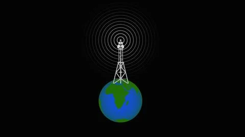 Digital technology abstract connecting tower with earth planet antennas rad.. Stock Illustration