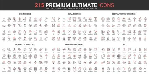 Digital technology, AI data science thin line red black icons set, engineering Stock Illustration