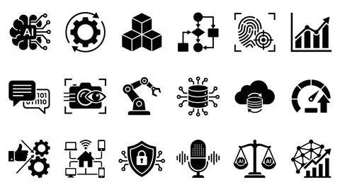 Digital technology and artificial intelligence flat vector icon collection Stock Illustration