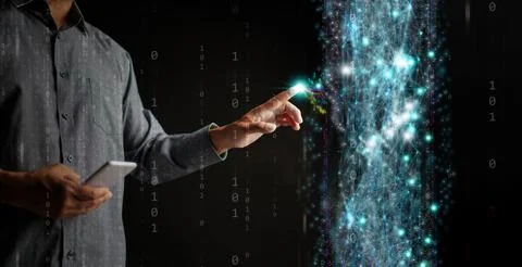 Digital technology and big data are accessible to individuals. A man with a.. Stock Photos