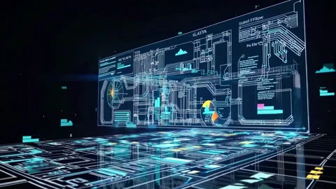 Digital technology and blueprints displayed on screen in a futuristic environmen Stock Footage 297464977