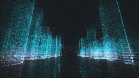 Digital technology and business concept background of dark abstract neon city in Stock Illustration