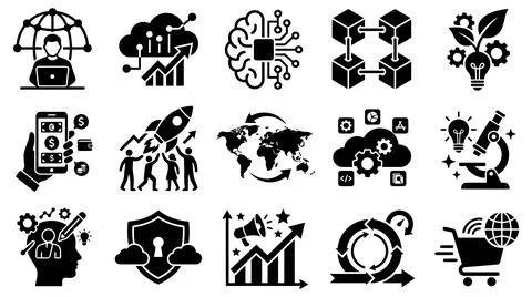 Digital technology and business strategy icon set collection vector graphics 库存插图