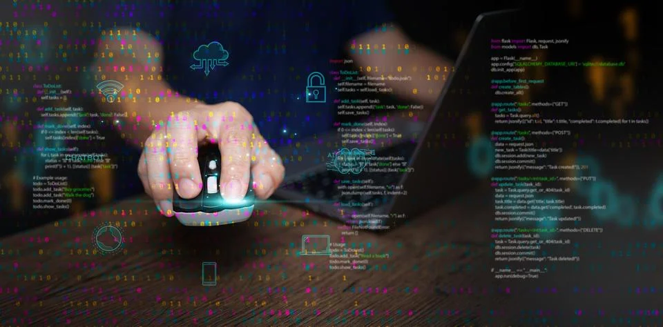 Digital technology and cloud computing: concept. A man using a mouse and la.. 写真素材