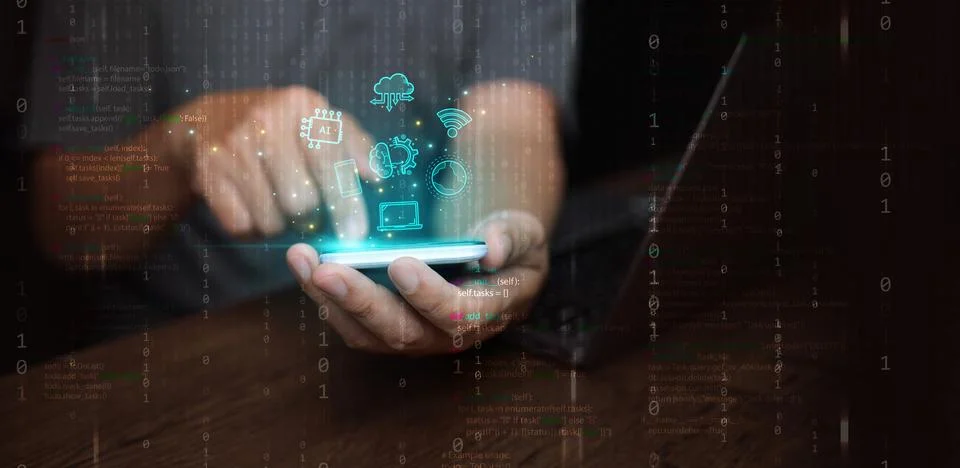 Digital technology and cloud computing: concept. A man using his smartphone.. Stock Photos