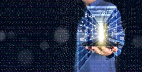 Digital technology and cloud computing concept: A man using a tablet to con.. Stock-Fotos