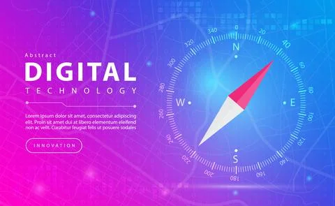 Digital technology and Compass map gps banner pink blue background concept Tech Stock Illustration