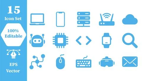Digital technology and computer science flat vector icon set with technology Stock Illustration