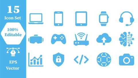 Digital technology and modern computing blue icon set with technology, comput Stock Illustration