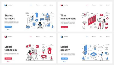 Digital technology and security of business startup, time management set and Stock Illustration