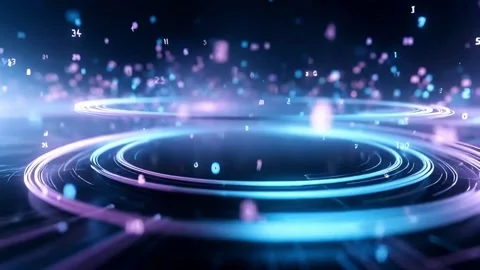 Digital Technology Backdrop with Concentric Circles and Floating Numbers Ab.. Stock Footage 321948494