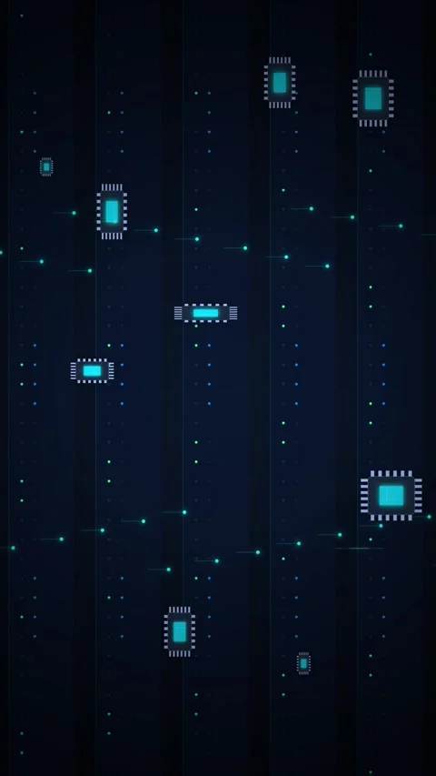 Digital Technology Background with Glowing Circuit Board Chips and Data Flow Stock Footage 346196347