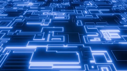 Digital technology background with transforming patterns and blue glow Stock Footage 287076631