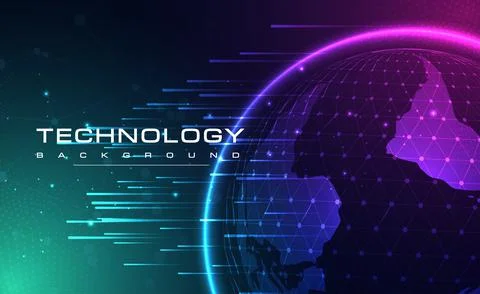 Digital technology blue green background online cyber media world map pink Stock Illustration
