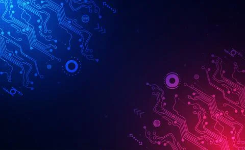 Digital technology circuits blue red gradient background, Ai big data iot cyber Stock Illustration