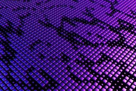 Digital Technology Concept. Abstract Landscape Of Glowing Purple Neon Cubes.. イラスト素材