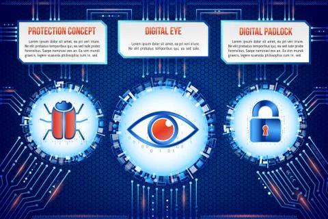 Digital technology concept of background with hacker bug, eye and padlock. Mo Stock Illustration