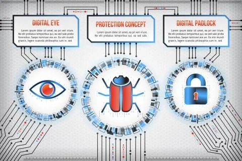Digital technology concept of background with hacker bug, eye and padlock. Mo Illustrazione stock