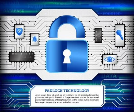 Digital technology concept of background with padlock, hacker bug, shield, ke Stock Illustration
