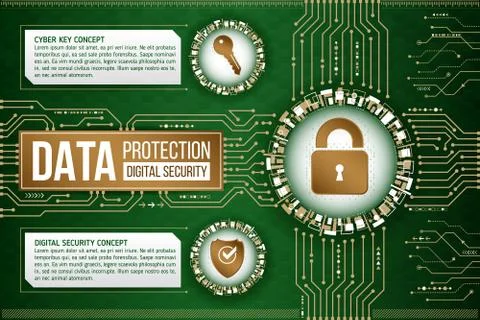 Digital technology concept of background with padlock, key and shield. Modern Illustrazione stock