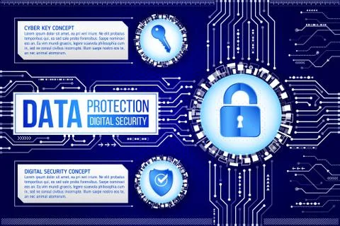 Digital technology concept of background with padlock, key and shield. Modern Stock Illustration