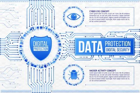 Digital technology concept of background with shield, eye and hacker bug. Mod Stock Illustration