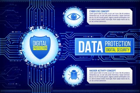 Digital technology concept of background with shield, eye and hacker bug. Mod Stock Illustration