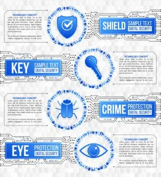 Digital technology concept of background with shield, key, hacker bug and eye Stock-Illustration
