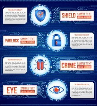 Digital technology concept of background with shield, key, hacker bug and eye Stock Illustration