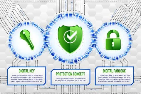 Digital technology concept of background with shield, key and padlock. Modern Stock Illustration