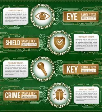Digital technology concept of background with shield, key, hacker bug and eye Stock Illustration