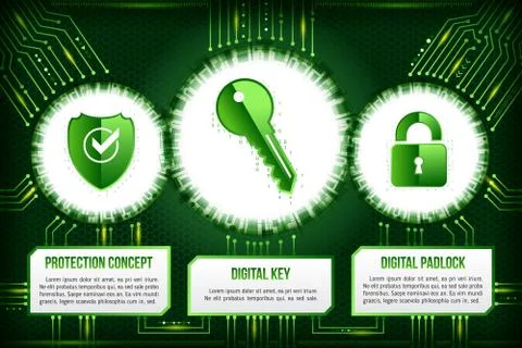 Digital technology concept of background with shield, key and padlock. Modern Stock Illustration